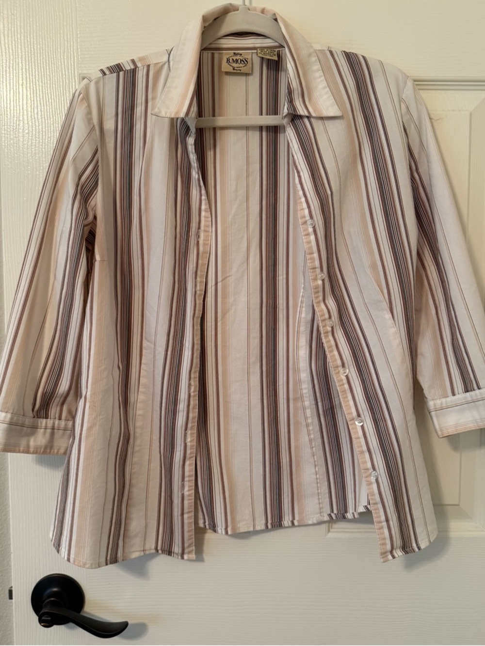 Tailor B. Moss Beige, Brown & Cream Striped Button-Down Shirt M office wear